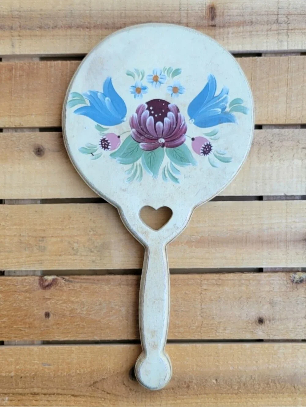 Vintage Hand Painted Floral Heart Handle Wooden Mirror